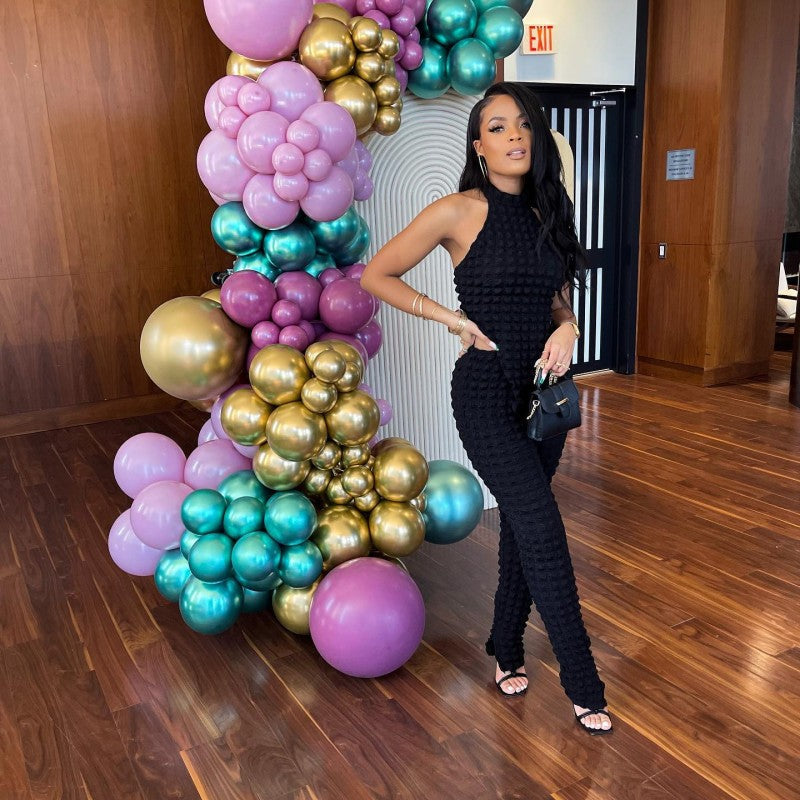 Women Summer Solid Sleeveless Halter Neck Tank Top and Pants Two-piece Set