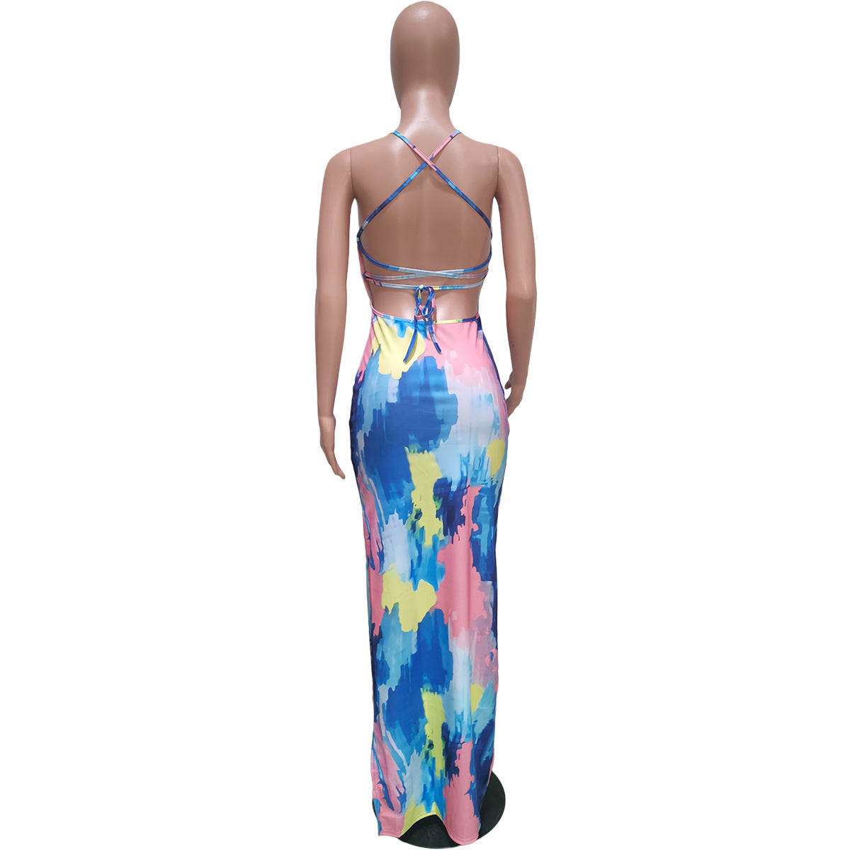 Women's Tie Dye Print Sling Low Back Slit Dress 21