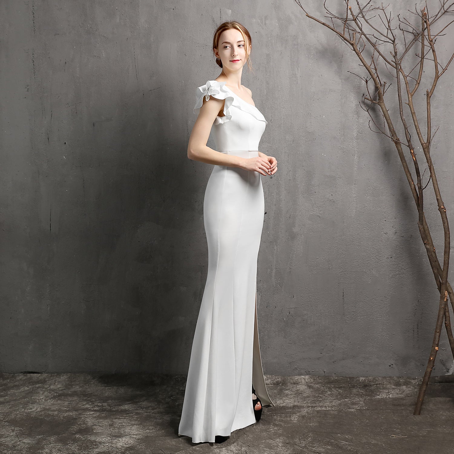 Women Summer Formal One Shoulder Shoulder High Slit Mermaid Evening Dress 17