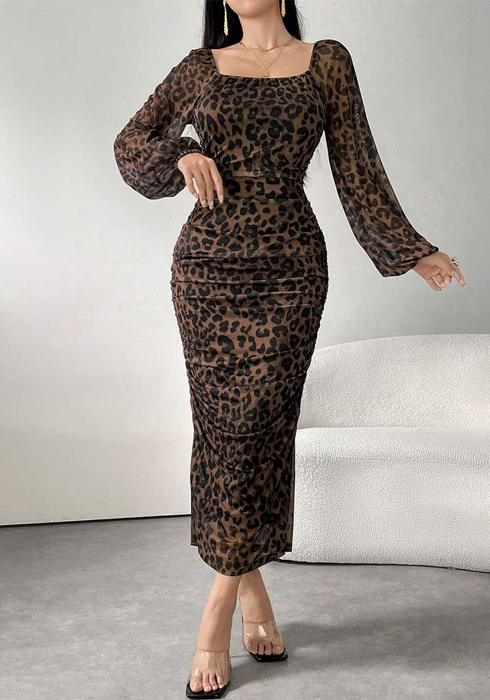 Mesh fabric print square neck long sleeve ruffle dress