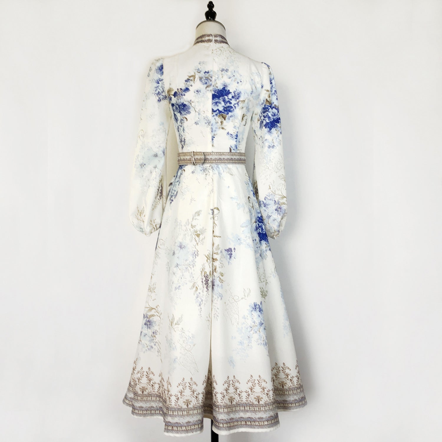 Elegant Print Row Jewelry Button Floral Lantern Sleeve Midi Dress with Belt 15