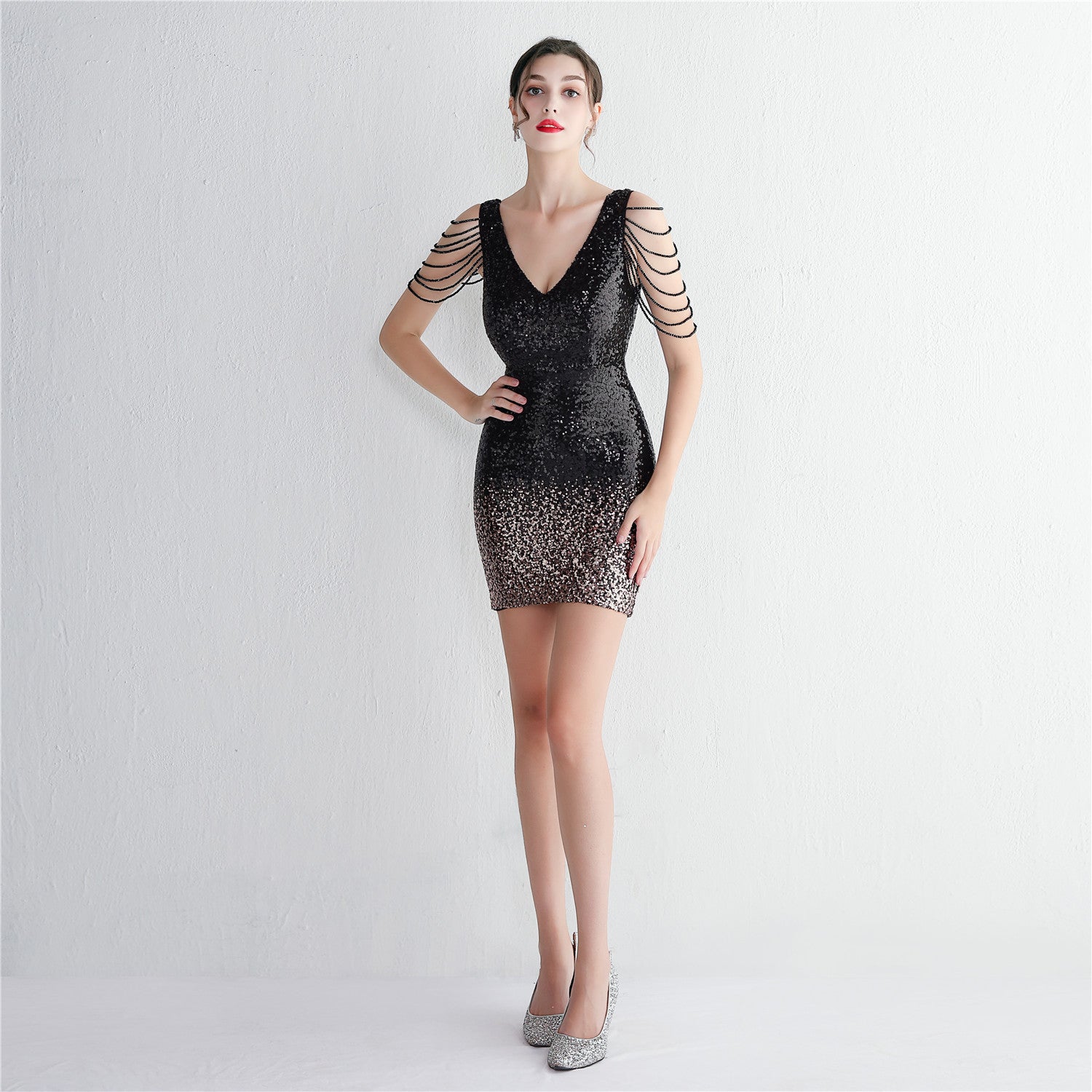 WomensElegant Gradient Sequins V Neck Mini Evening Dress 8