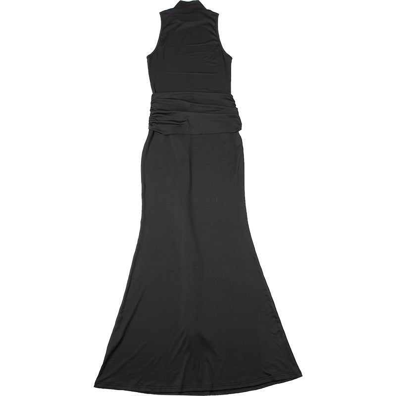 Fashion Women's Solid Color Semi-Turtleneck Metal Button Sleeveless Slim Sexy Dress 17