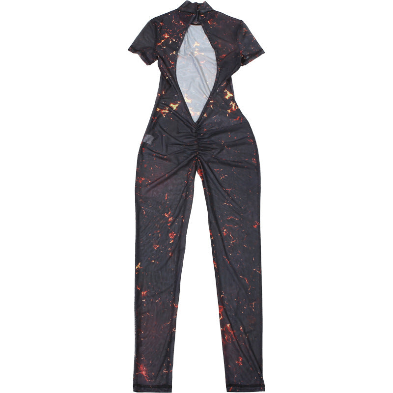 Women Summer Street Trend Mesh See-Through Print Backless Jumpsuit 18