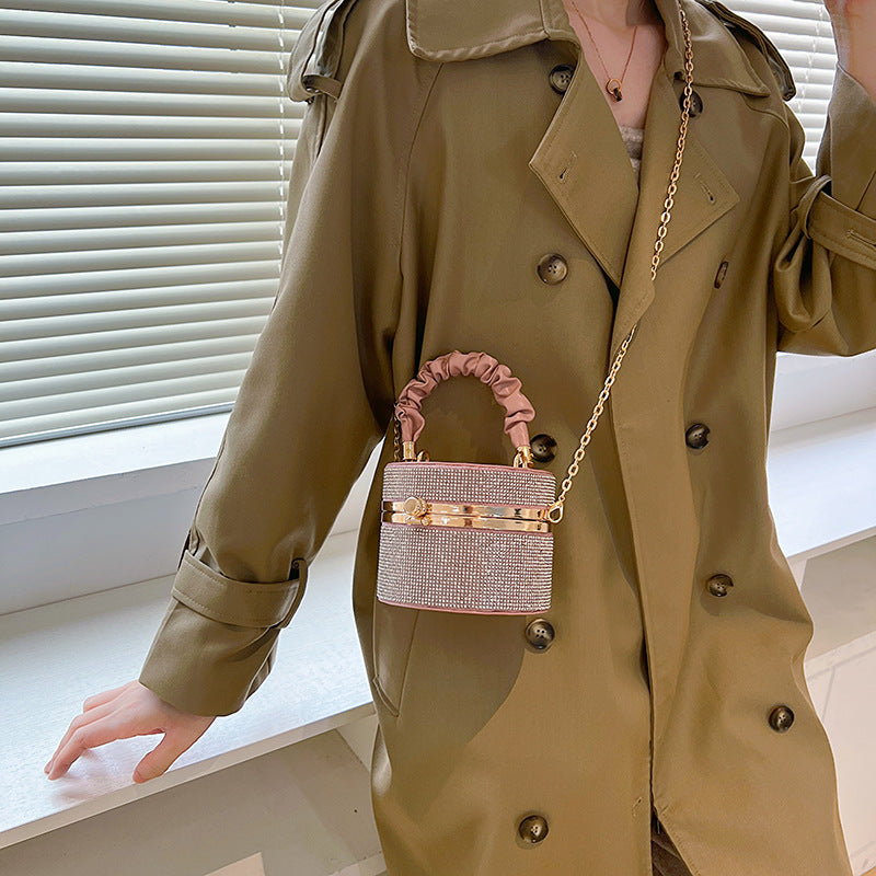 Women Sparkling Diamond Bucket Bag Pleated Chain Shoulder Bag 12