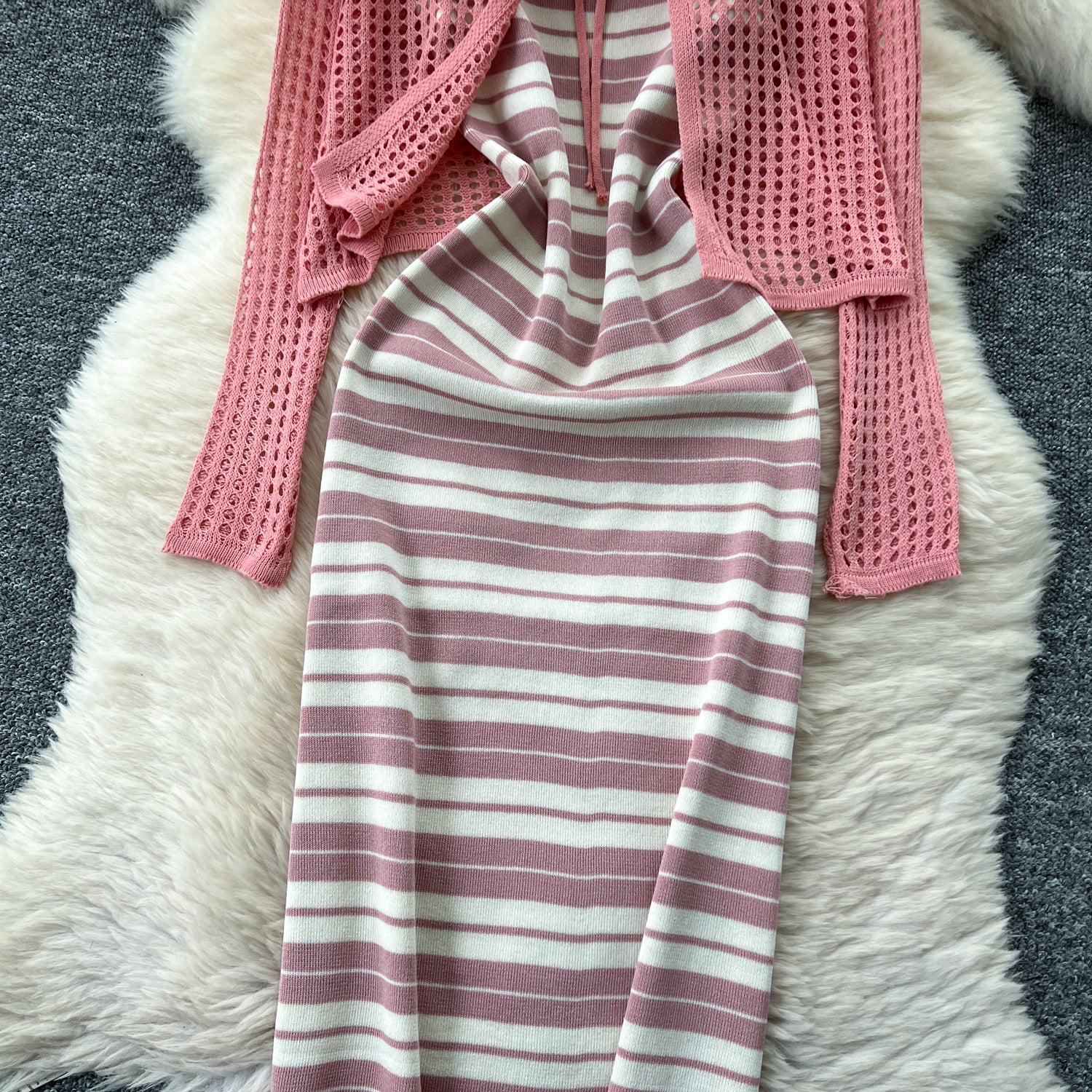 Tie Up Cardigan Low Back Strap Slim Fit Chic Stripes Knitting Dress 17
