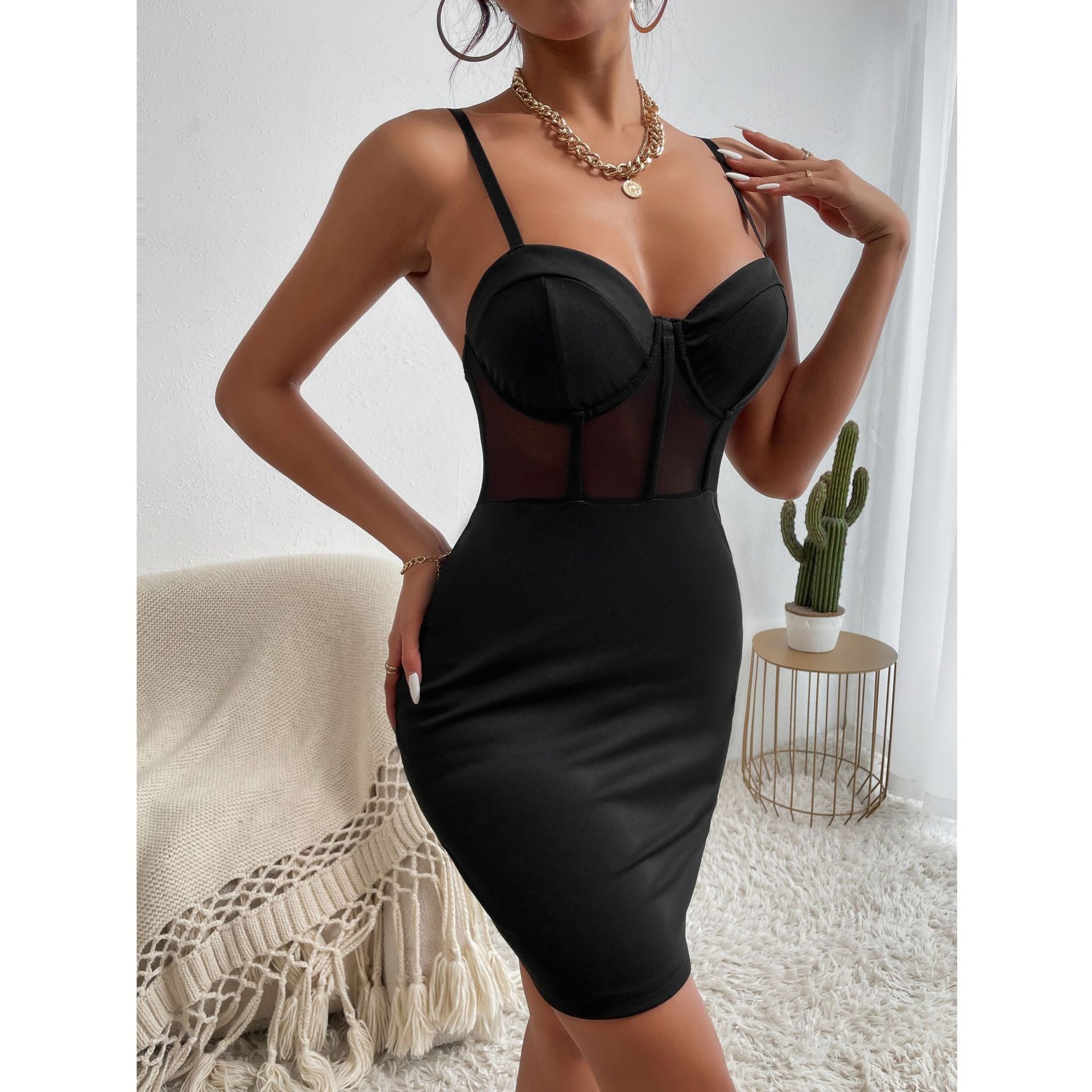 Sexy Patchwork Straps See-Through Underwire Herringbone Bodycon Dress 8