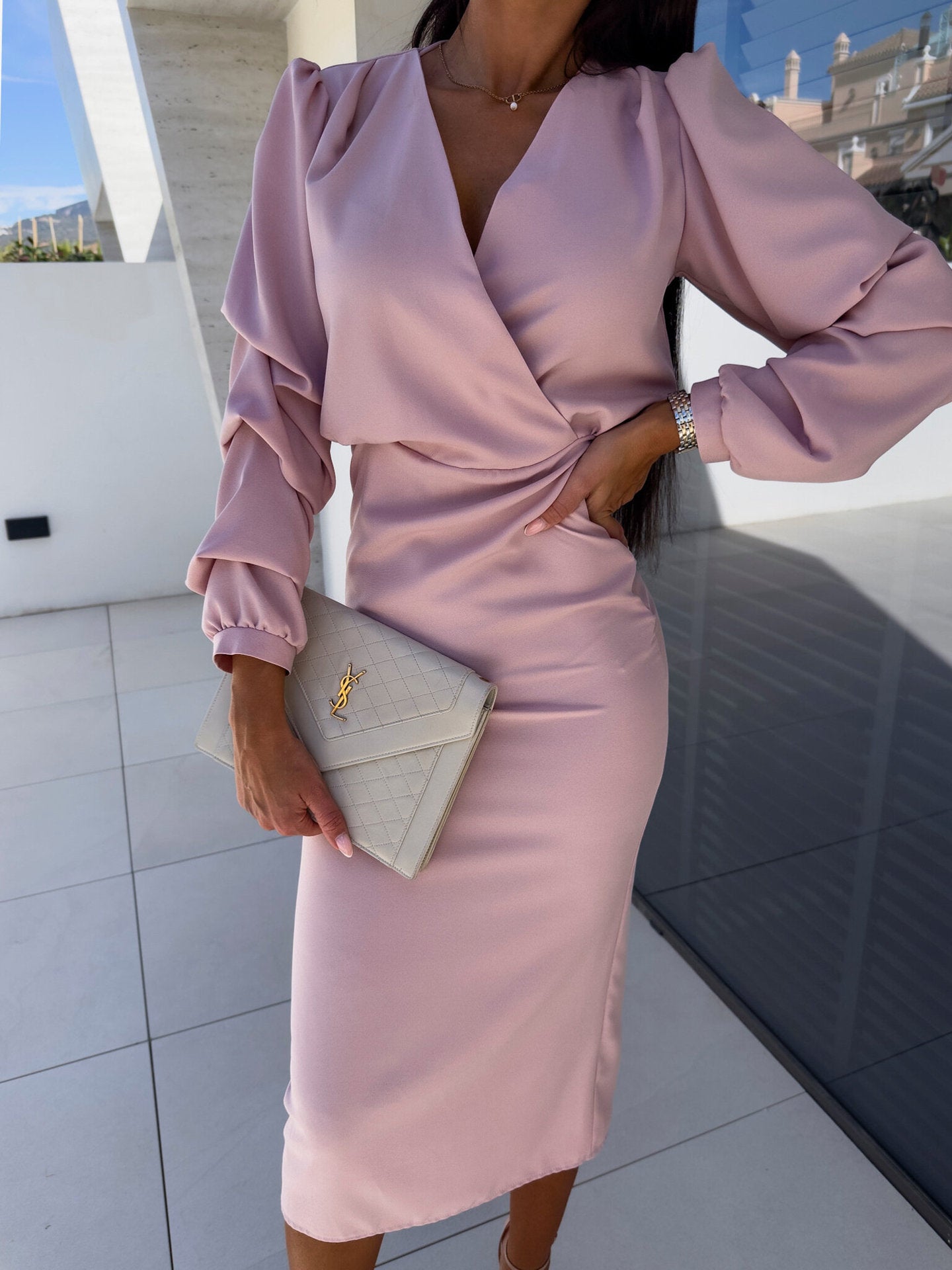 Women Autumn V-neck Solid Bodycon Dress 11