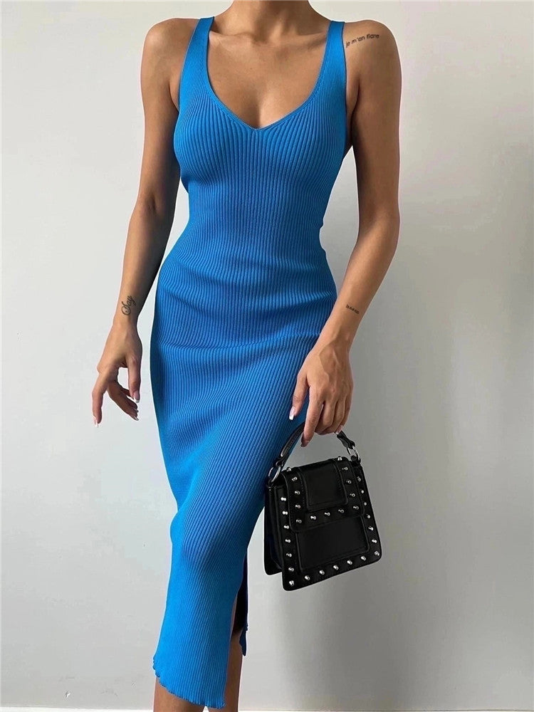 Women Summer Color Sleeveless Round Neck Ribbed Bodycon Dress 5