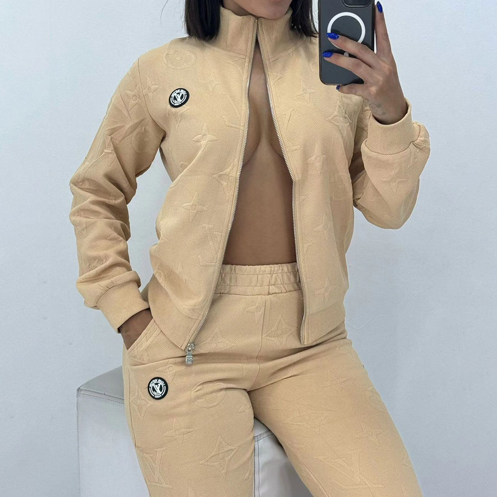 Women Embossed Embroidered Sport Ribbed Zipper Top and Pant Two Piece 11