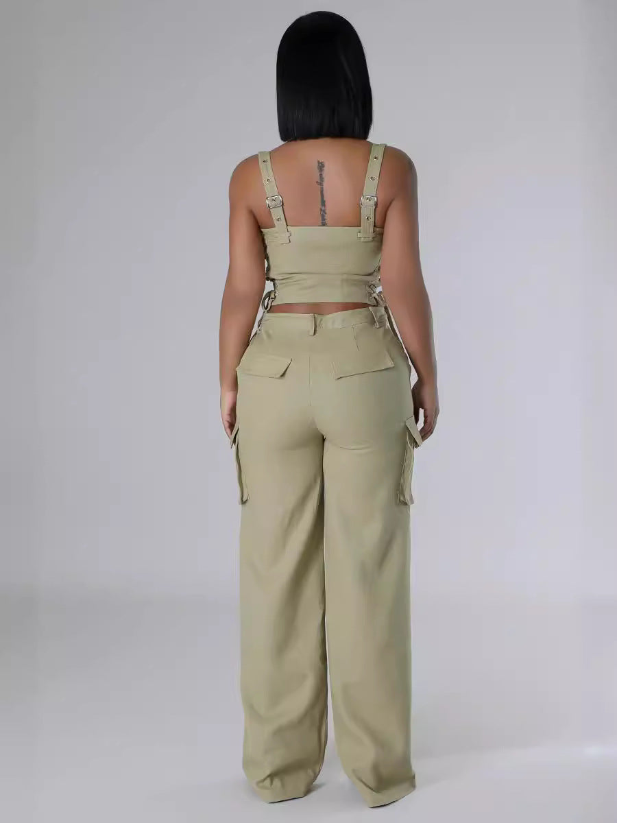 Women Suspender V-neck Top and Pants Two-piece Set 3