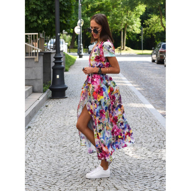 Women's Holidays Polka Dot Print Lace-Up Slim Waist V-Neck Short Sleeve Maxi Dress 6