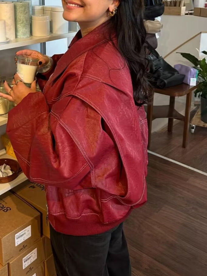 Autumn Women's Retro Stand Collar Leather Jacket 8