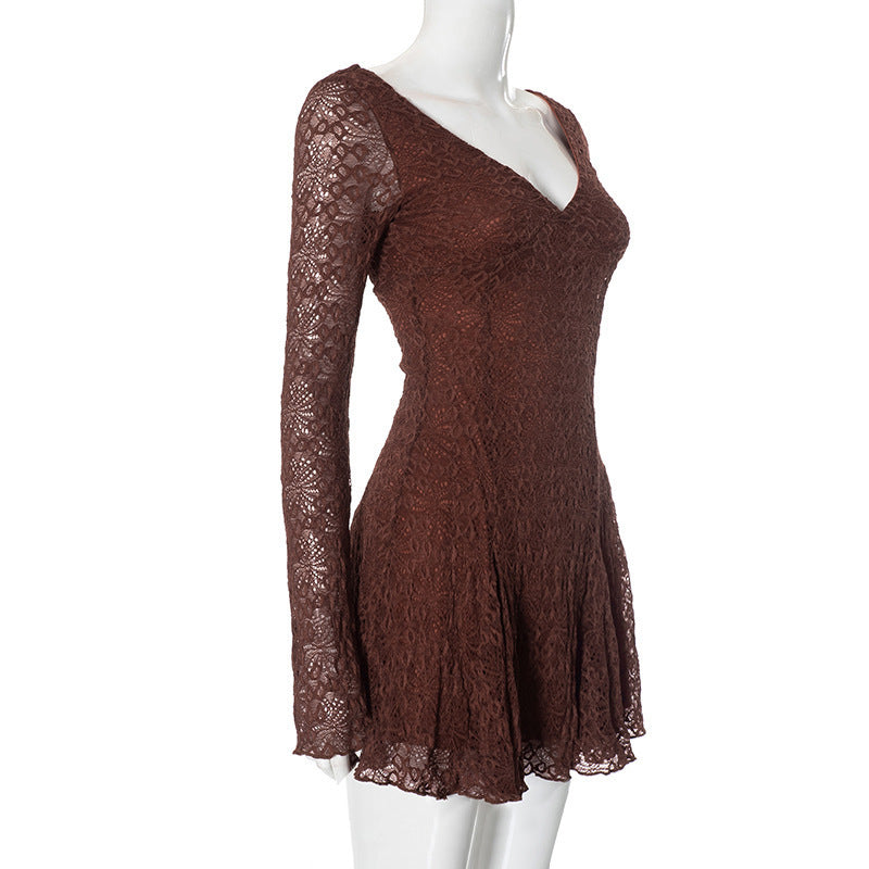 Women Spring Summer Sexy V-neck Lace Long Sleeve Dress 10