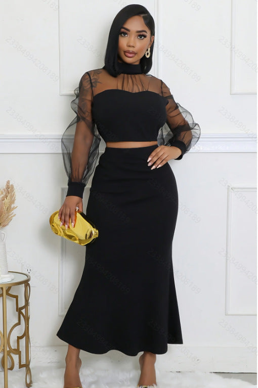Women Elegant Mesh Patchwork Top And Long Skirt Two-piece Set 7