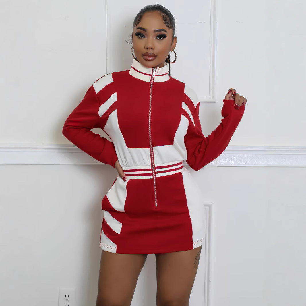 Women Casual Color-blocked Zipper Long Sleeve Dress 7