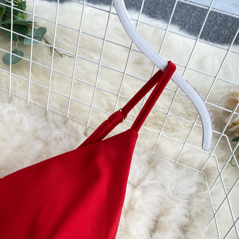 Spring Feminine V-Neck Low Back Slim Waist High Waist Slim Fit Solid Color Straps Basic A-Line Dress 29