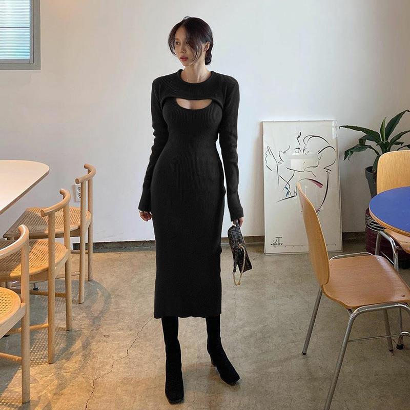 Women sexy hollow long-sleeved Top and slit suspender dress two-piece set 4