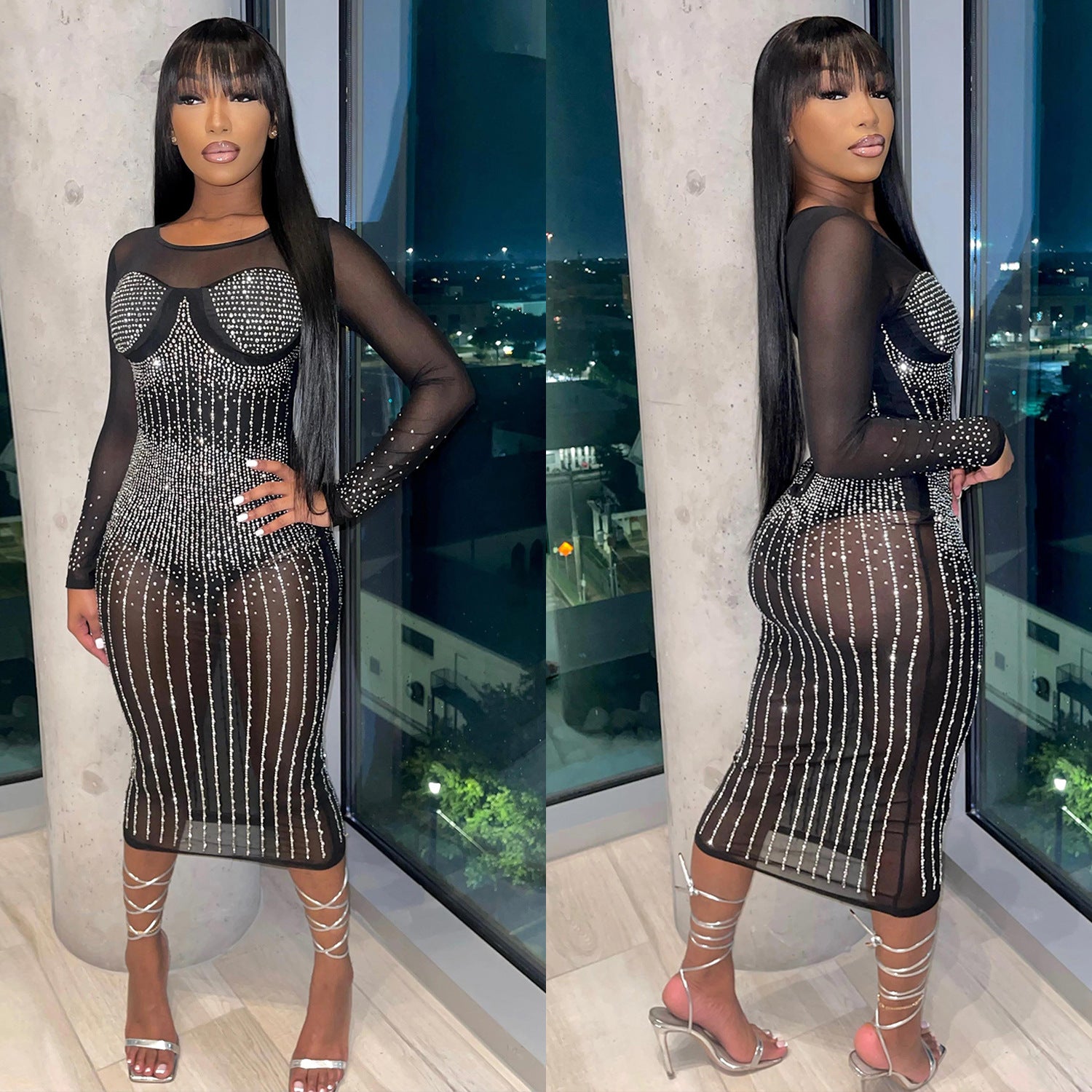 Fall Winter Women's Sexy Mesh Beaded One Piece Long Sleeve Dress 4