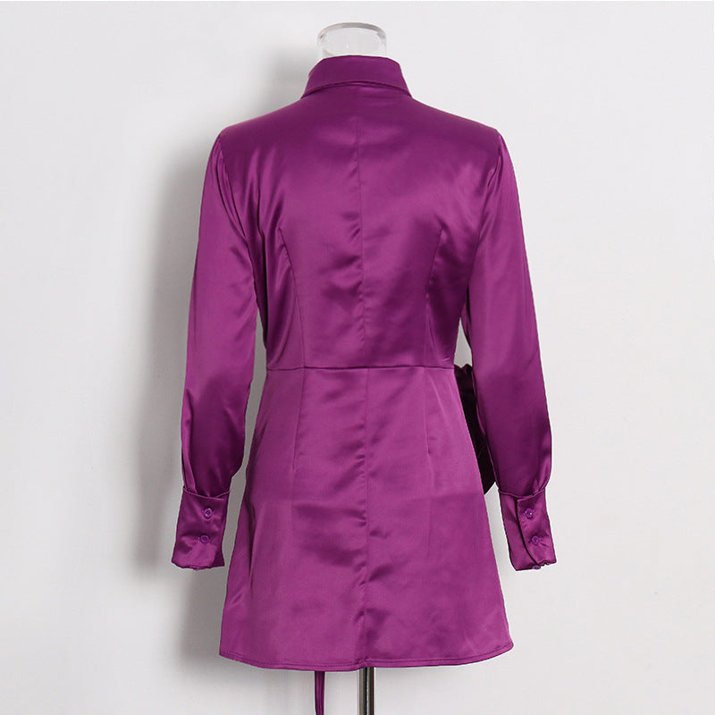 Women Sexy Satin Pleated Design Solid Dress 5