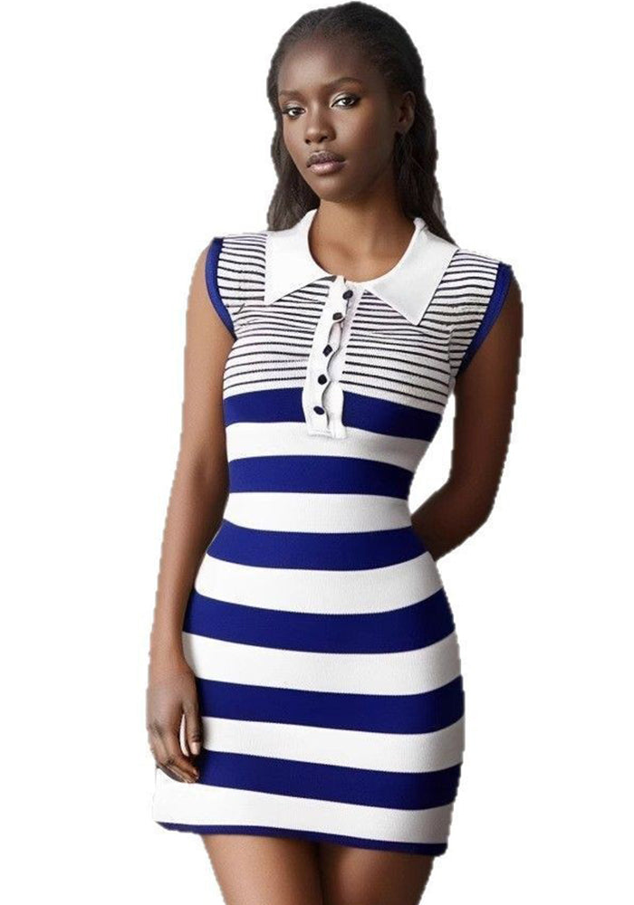 Women's Chic Fashion Striped Turndown Collar Sleeveless Slim Knit Dress 3
