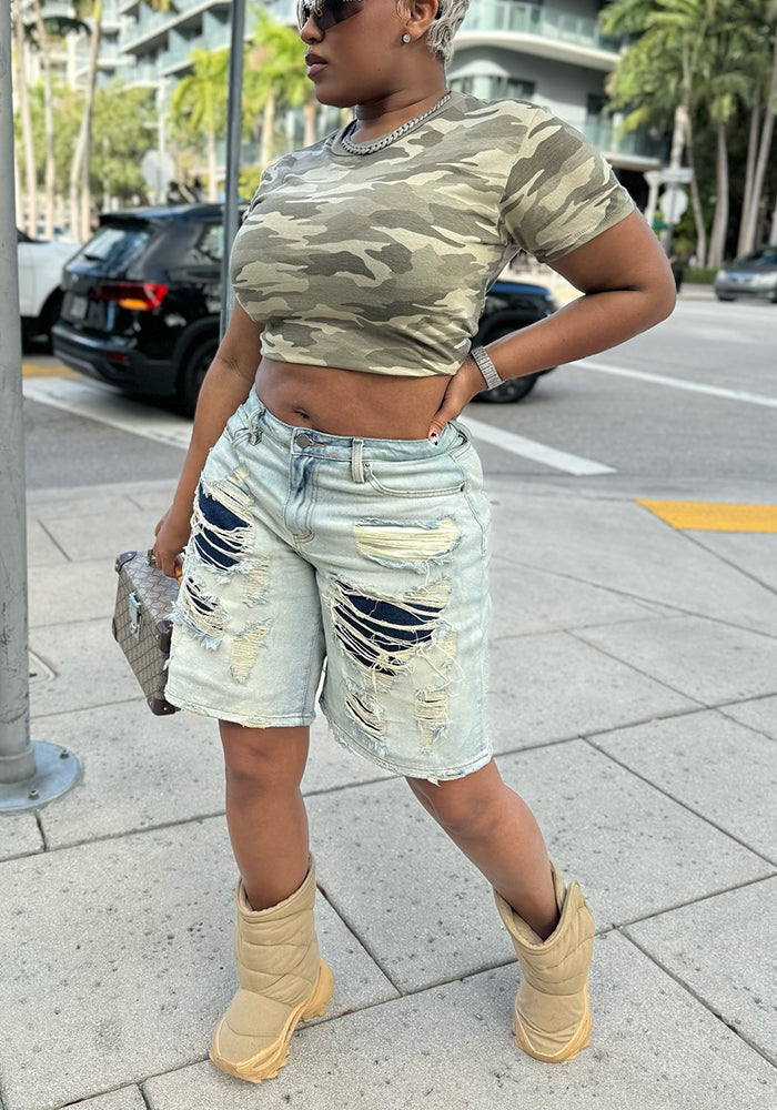 Women street fashion washed Ripped Patchwork Denim three-quarter pants