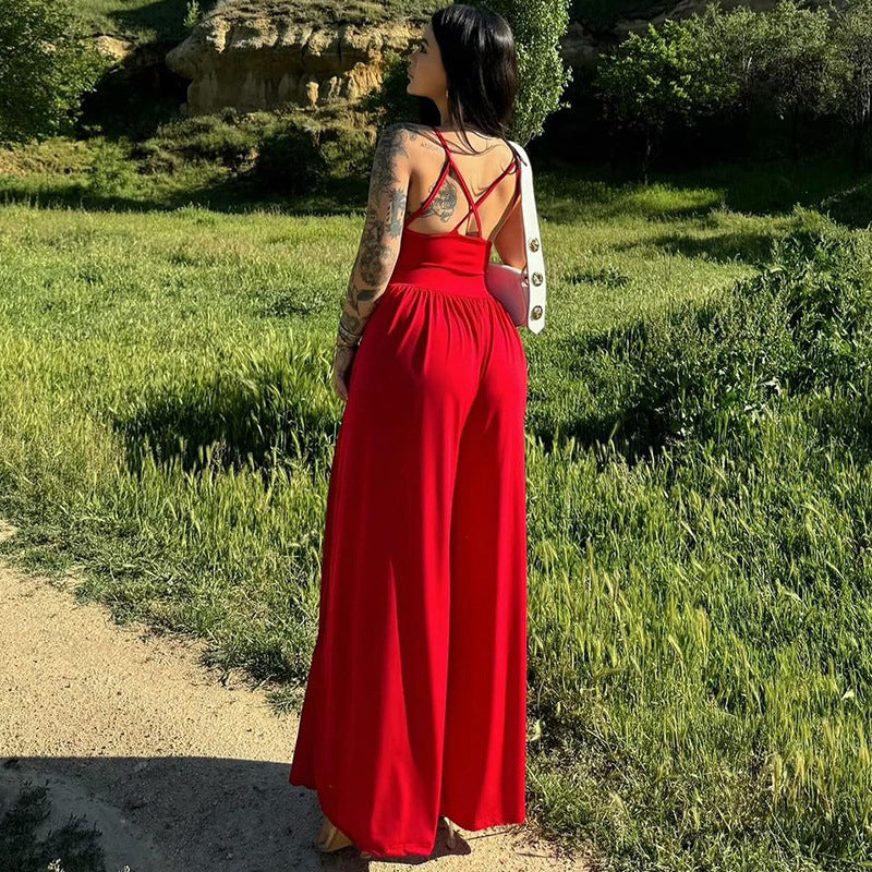 Women Summer Sexy Backless Suspender Loose Jumpsuit 4
