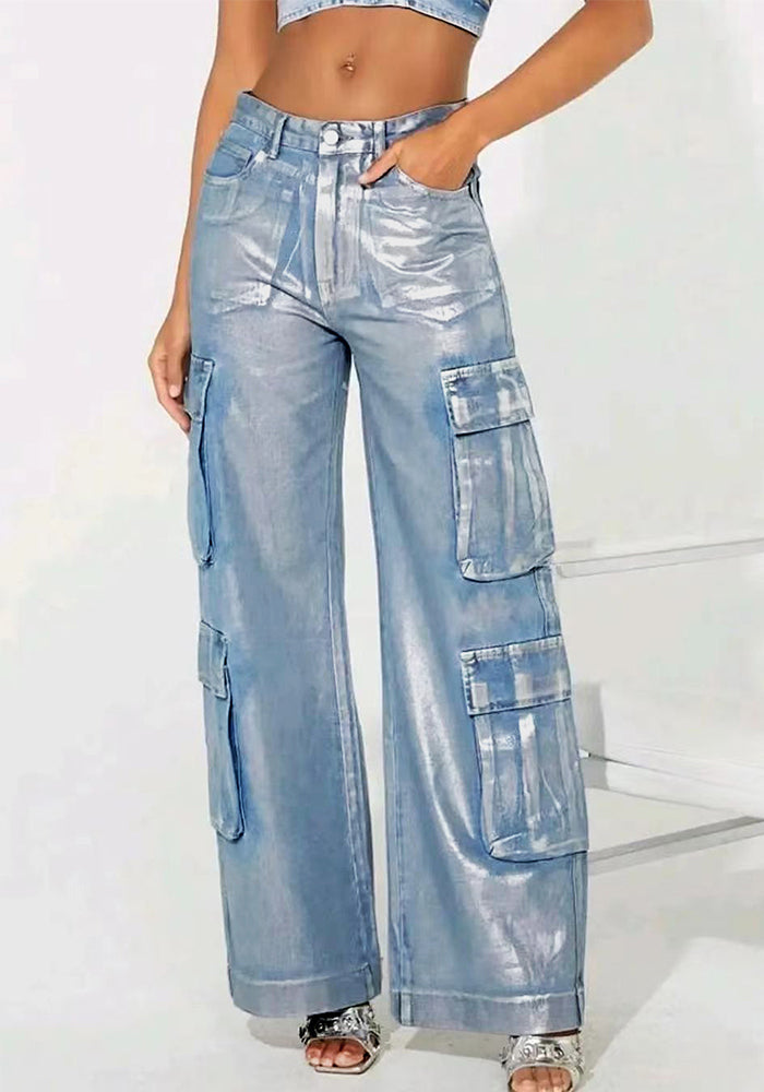 Women Hot Silver Stretch Denim Cargo Pant