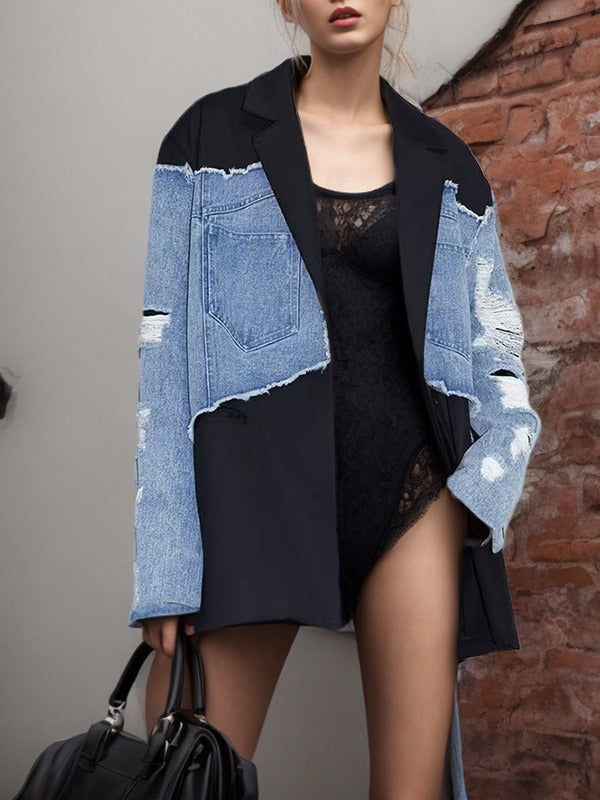 Women's Autumn Contrast Color Denim Patchwork Loose Jacket
