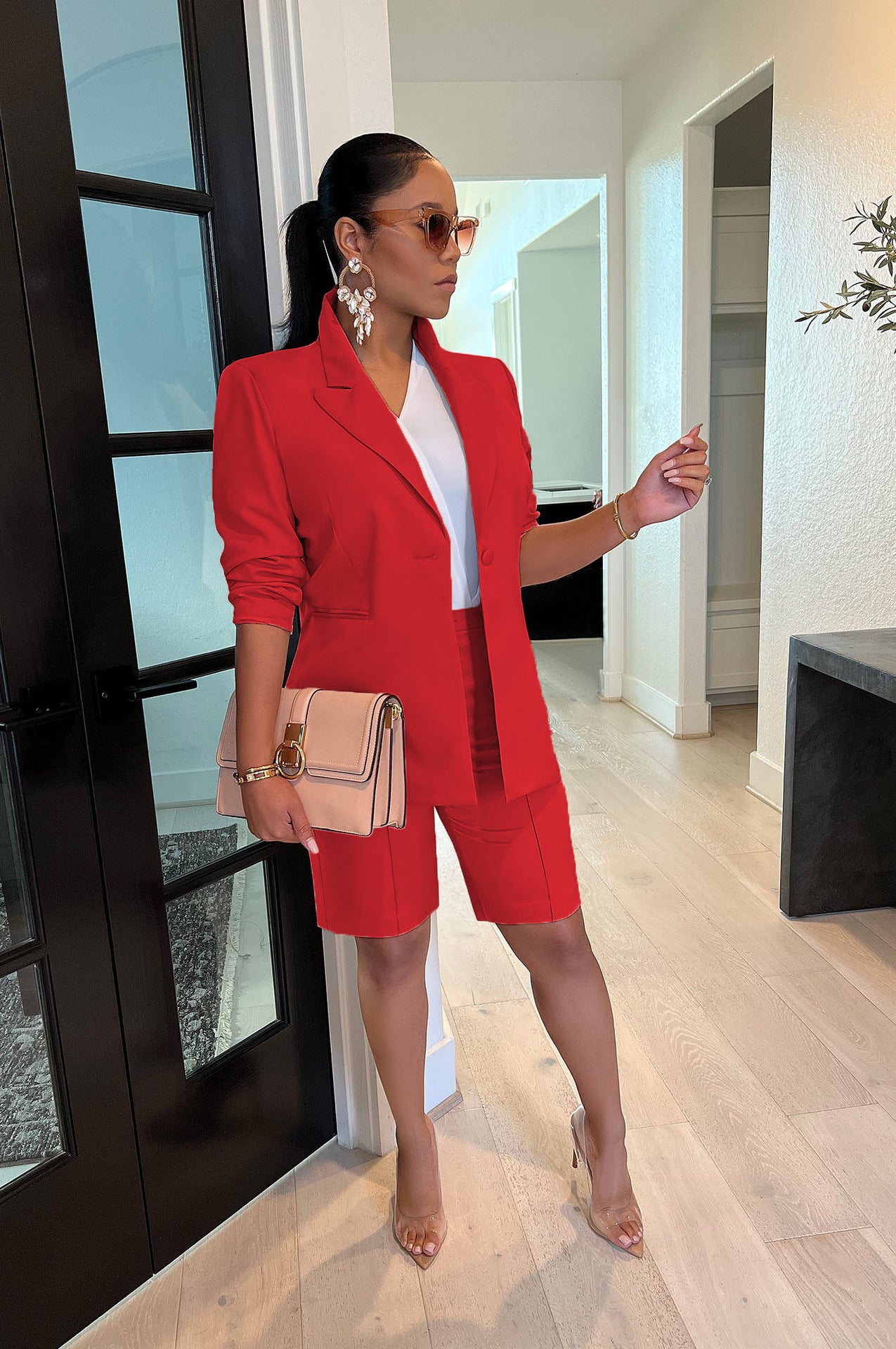 Women Clothing Solid Jacket Shorts Two Piece Spring/Summer Casual Blazer Suit 4
