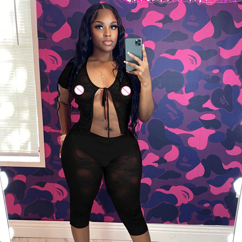 Women Sexy Lace Hollow Lace Short Sleeve Top Shorts Two-piece Set