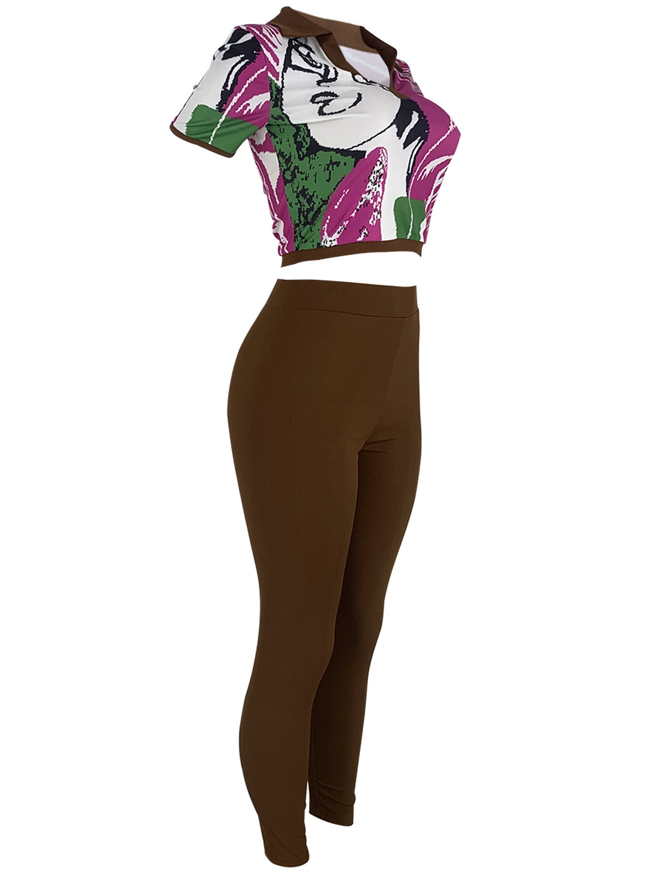 Casual Printed Turndown Collar V-Neck Short Sleeve Tight Fitting Fitted Two-Piece Pants Set Home Suit 6