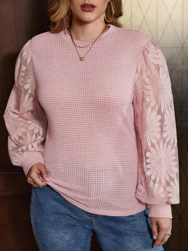 Plus Size Women's Color Block Puff Sleeve Waffleknitting Top 4
