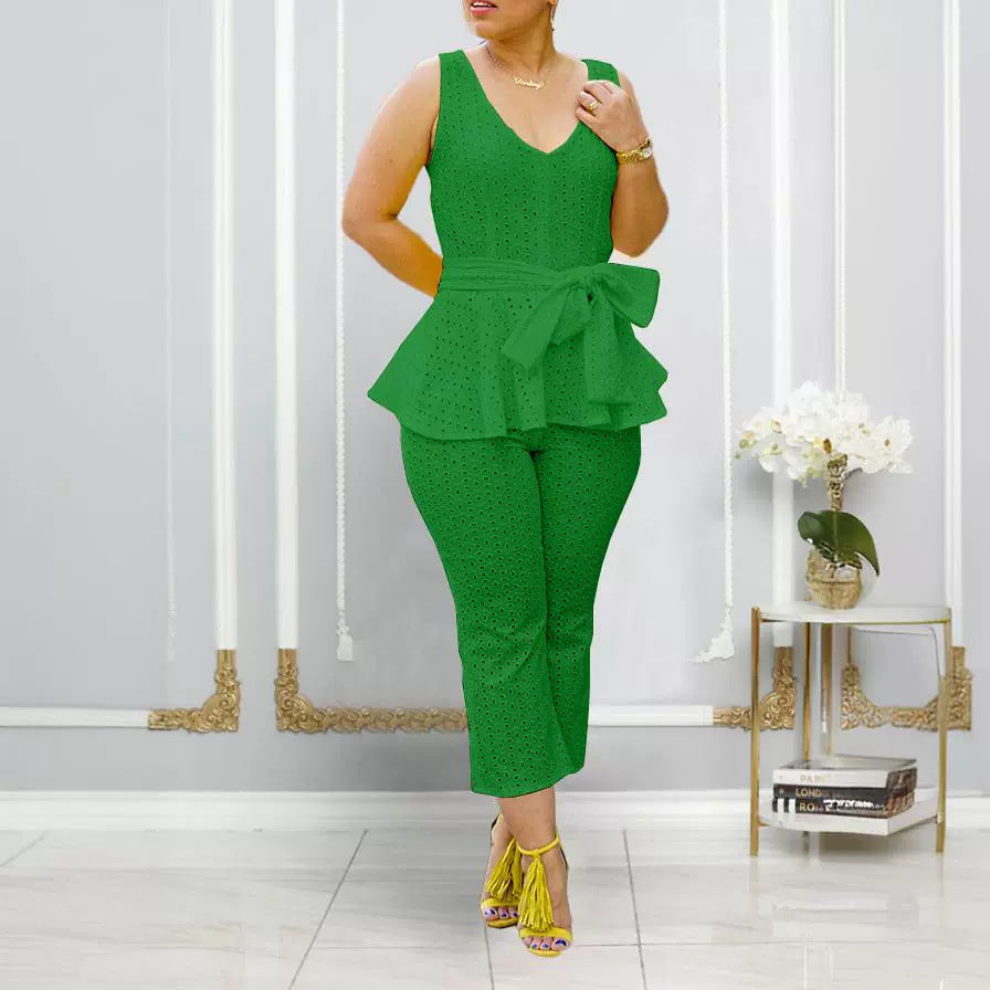 Women's Spring And Summer Solid Color Embroidered Cotton Belt Two-Piece Pants Set 7