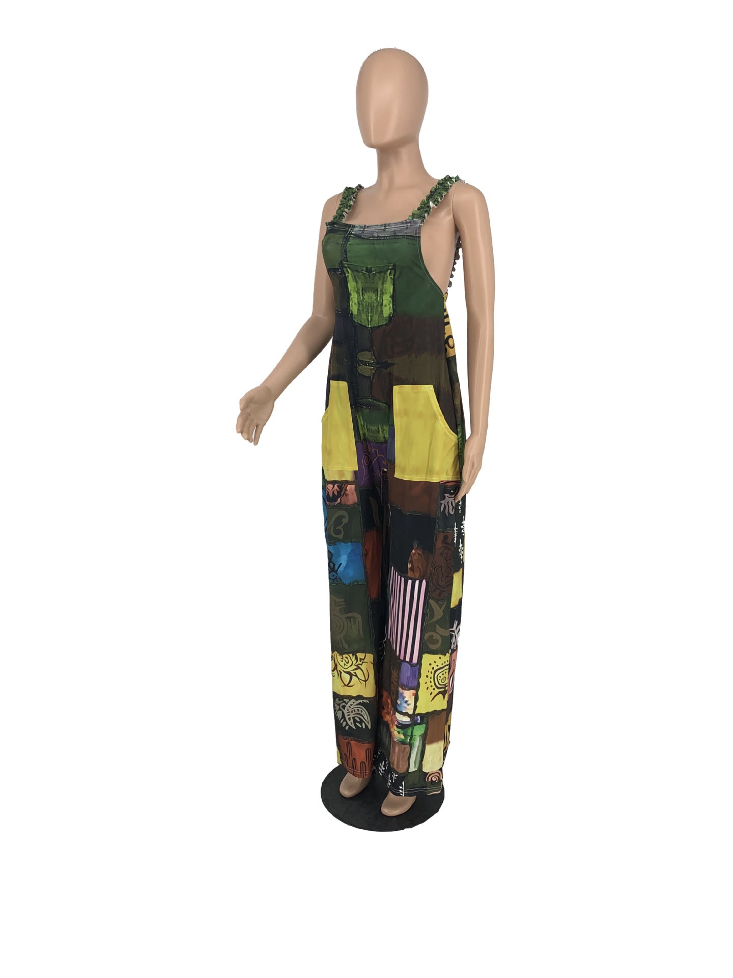 Women'S Printed Boho Bib Pants Strap Wide Leg Jumpsuit 14