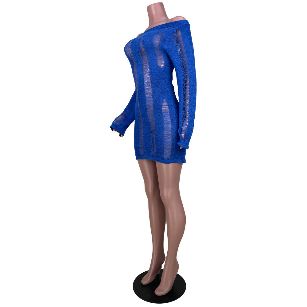 Women's Sexy Hollow Thin Long Sleeve Top Round Neck Hollow Back Dress 6