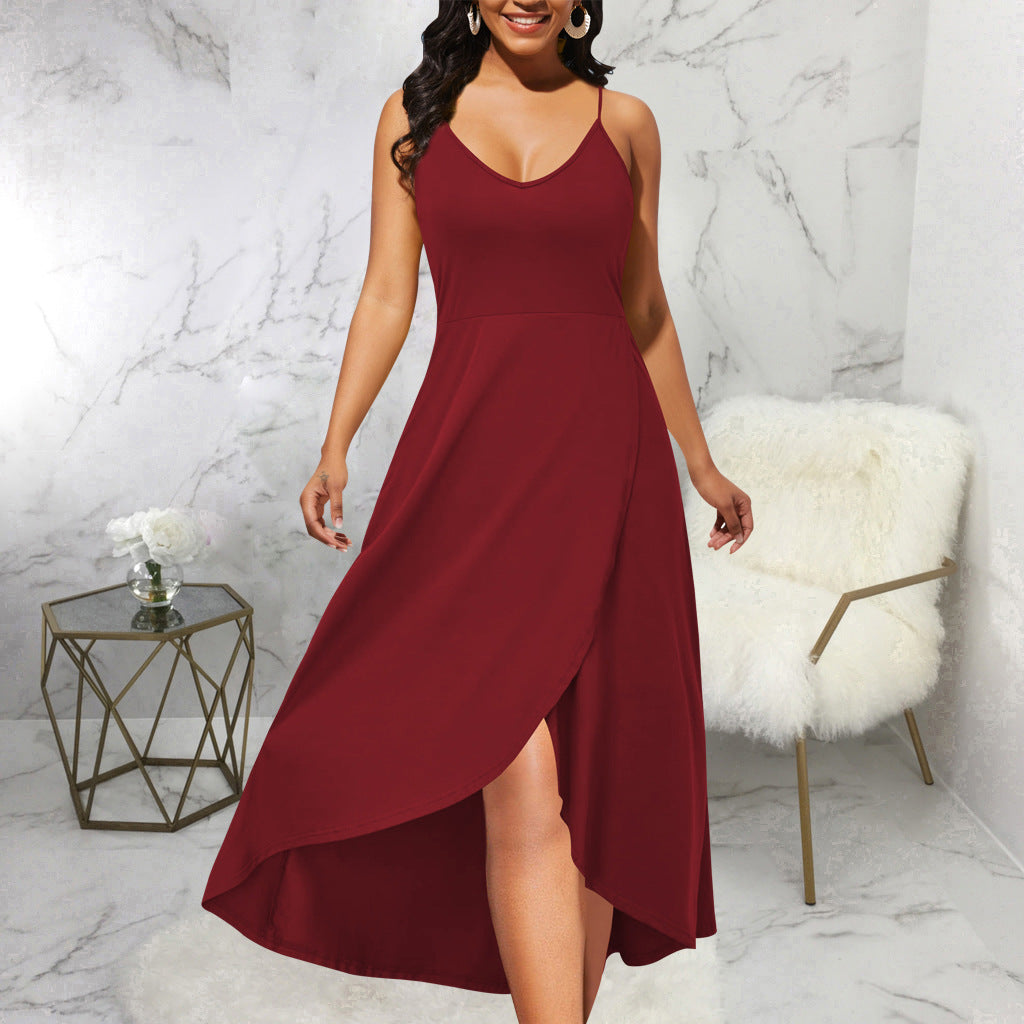 Women sexy solid color v-neck suspenders slit dress 4