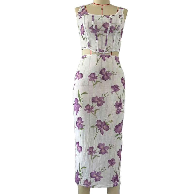 Women's Sexy Printed Camisole Slim Bodycon Skirt Two Piece Set 4