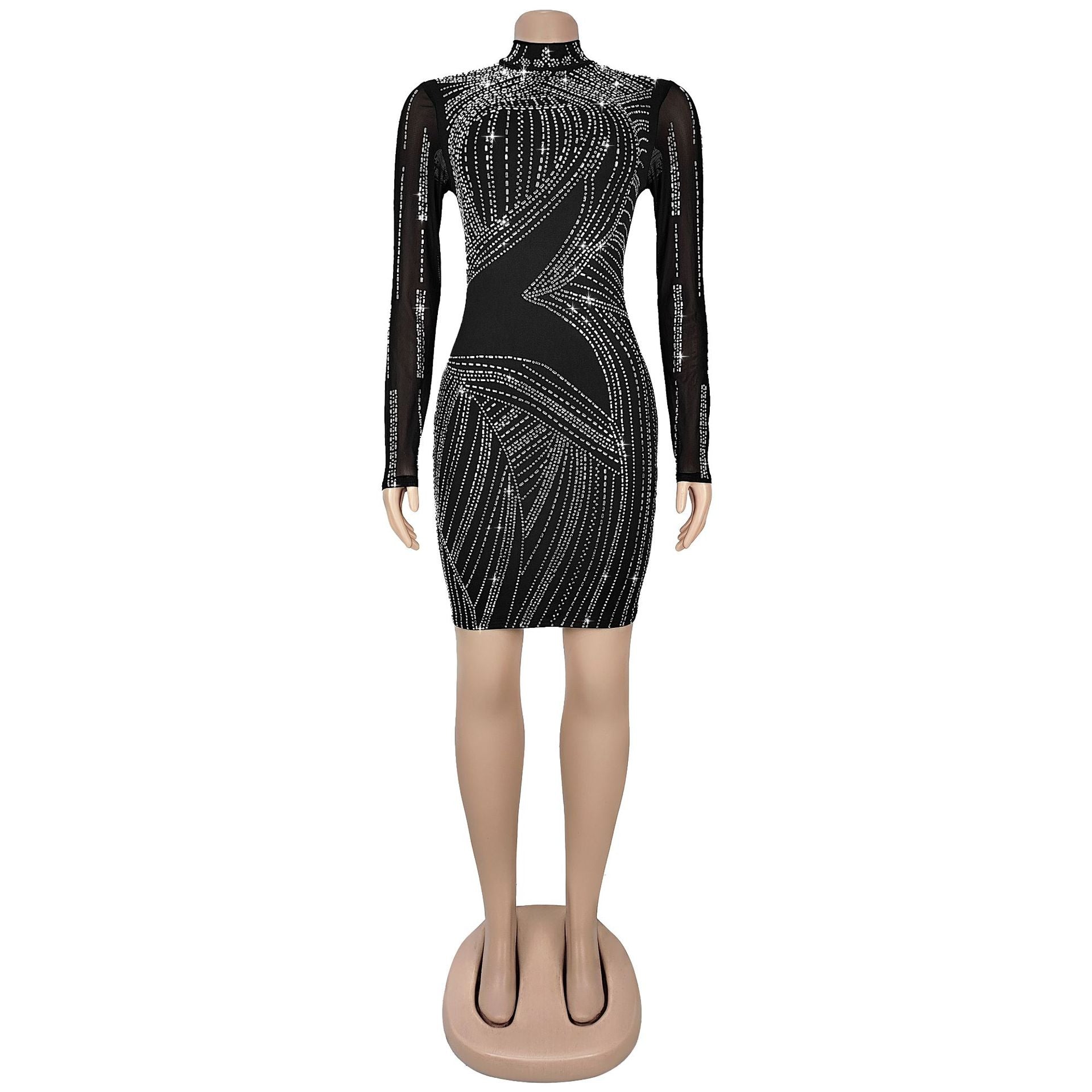 Women Sexy Mesh Beaded See-Through Dress 8
