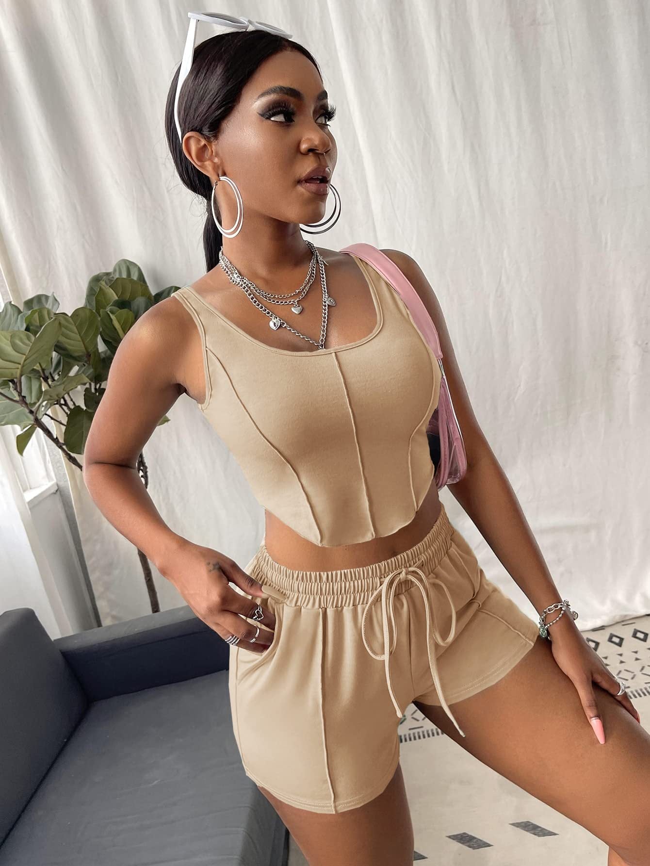 Women Sexy Irregular Top and Solid Shorts Two-Piece Set 35