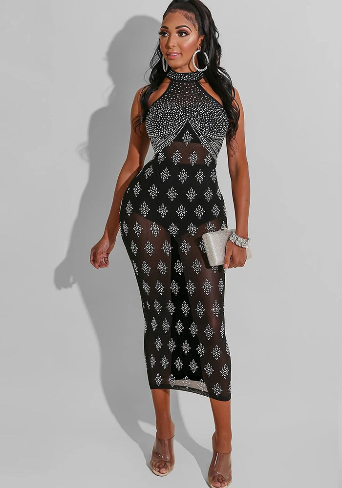 Women Summer Sexy Beaded See-Through Zipper Dress