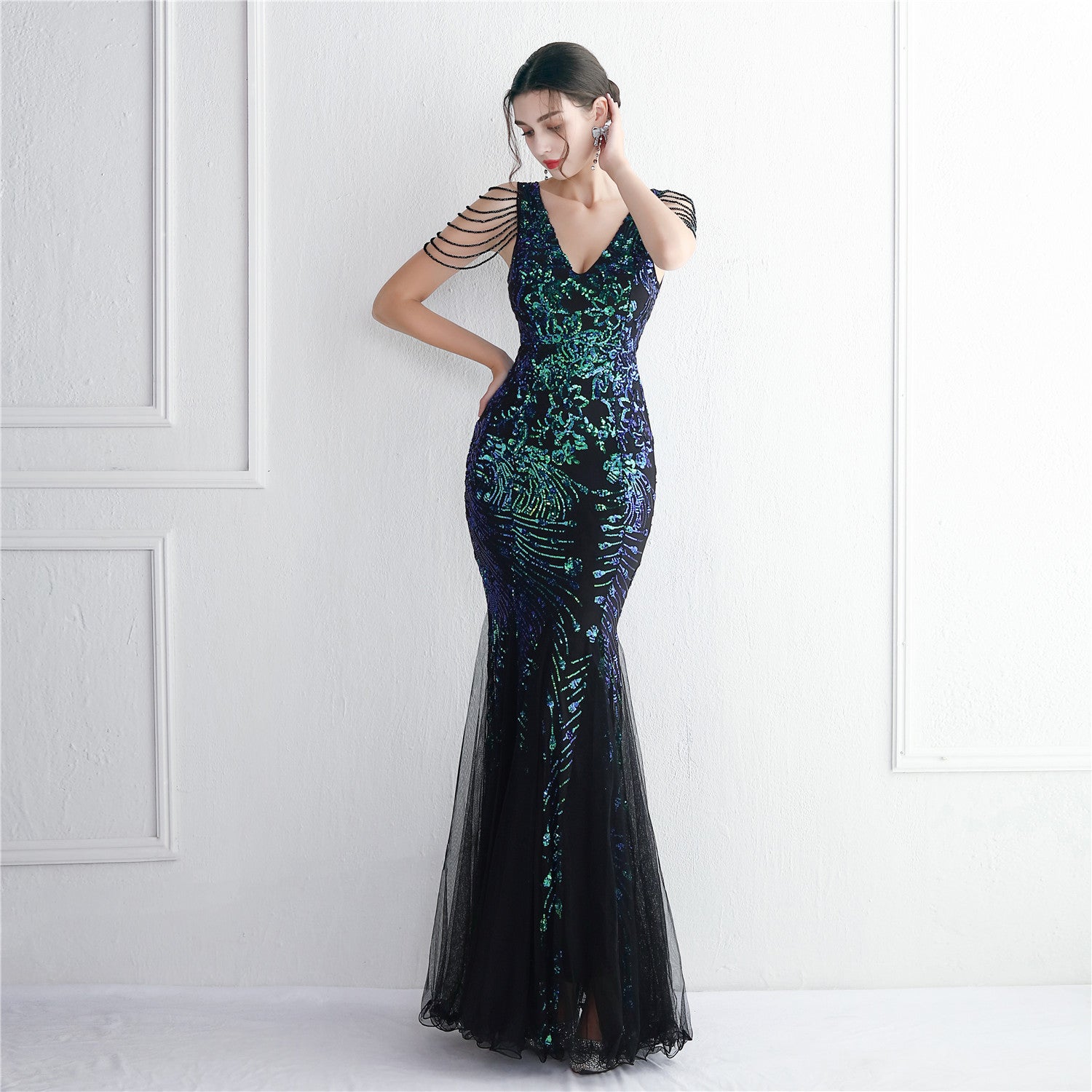 Sequin Mesh Beaded Chic Elegant Annual Meeting Long Fishtail Sequin Sexy Dress 3
