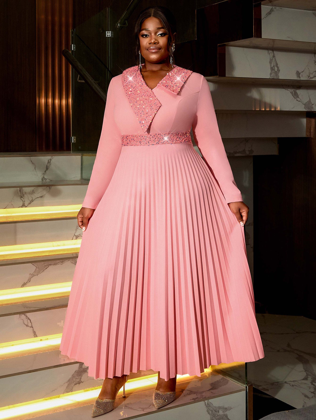 Women pink sequined v-neck pleated party dress 6