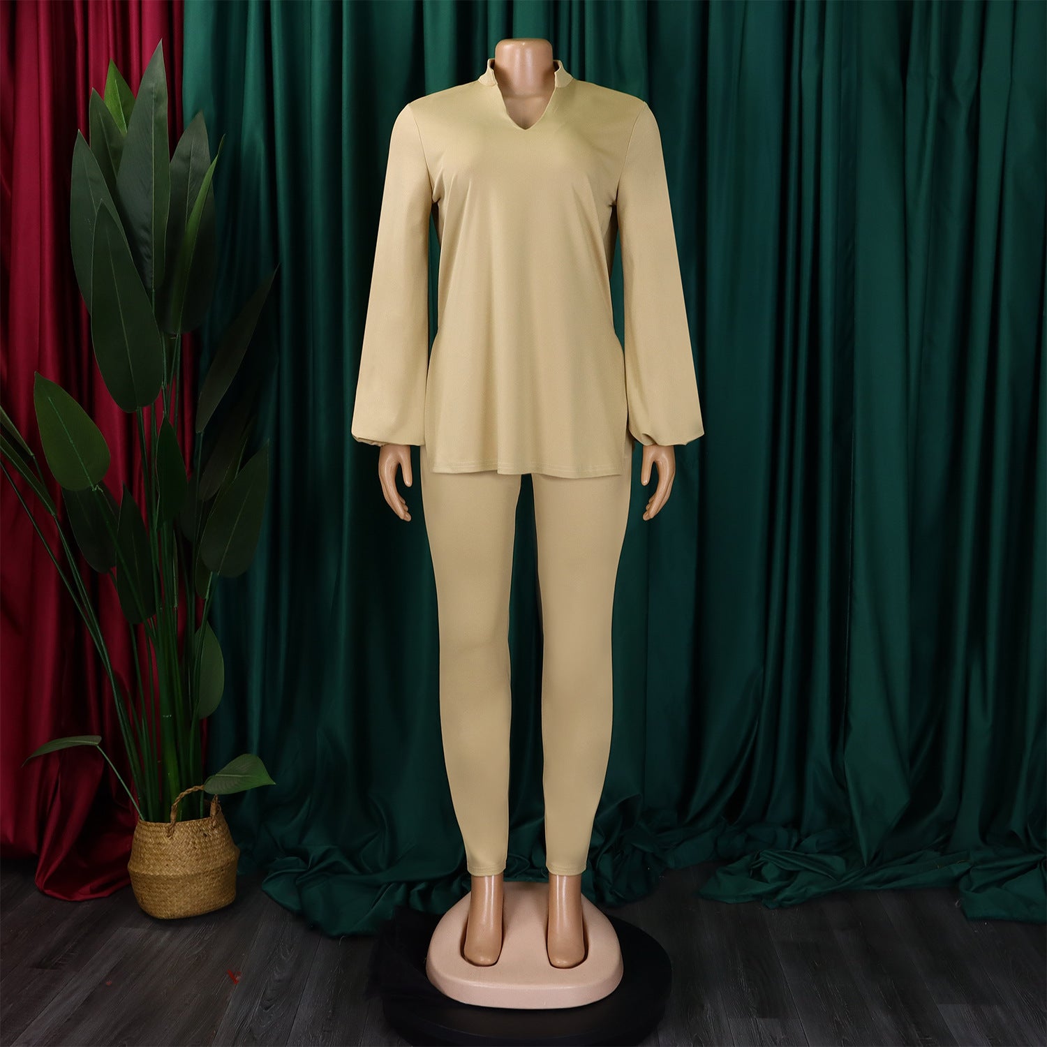 Women's Fall Winter Fashion Solid Color Plus Size V Neck Long Sleeve Top Pants African Suit 10