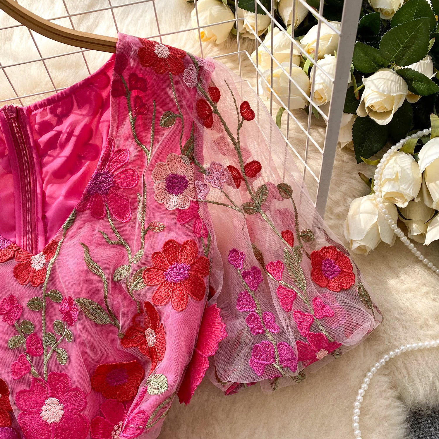 Women's  Luxury Embroidery Mesh Puff Sleeve Slim Waist Short Chic Dress 21