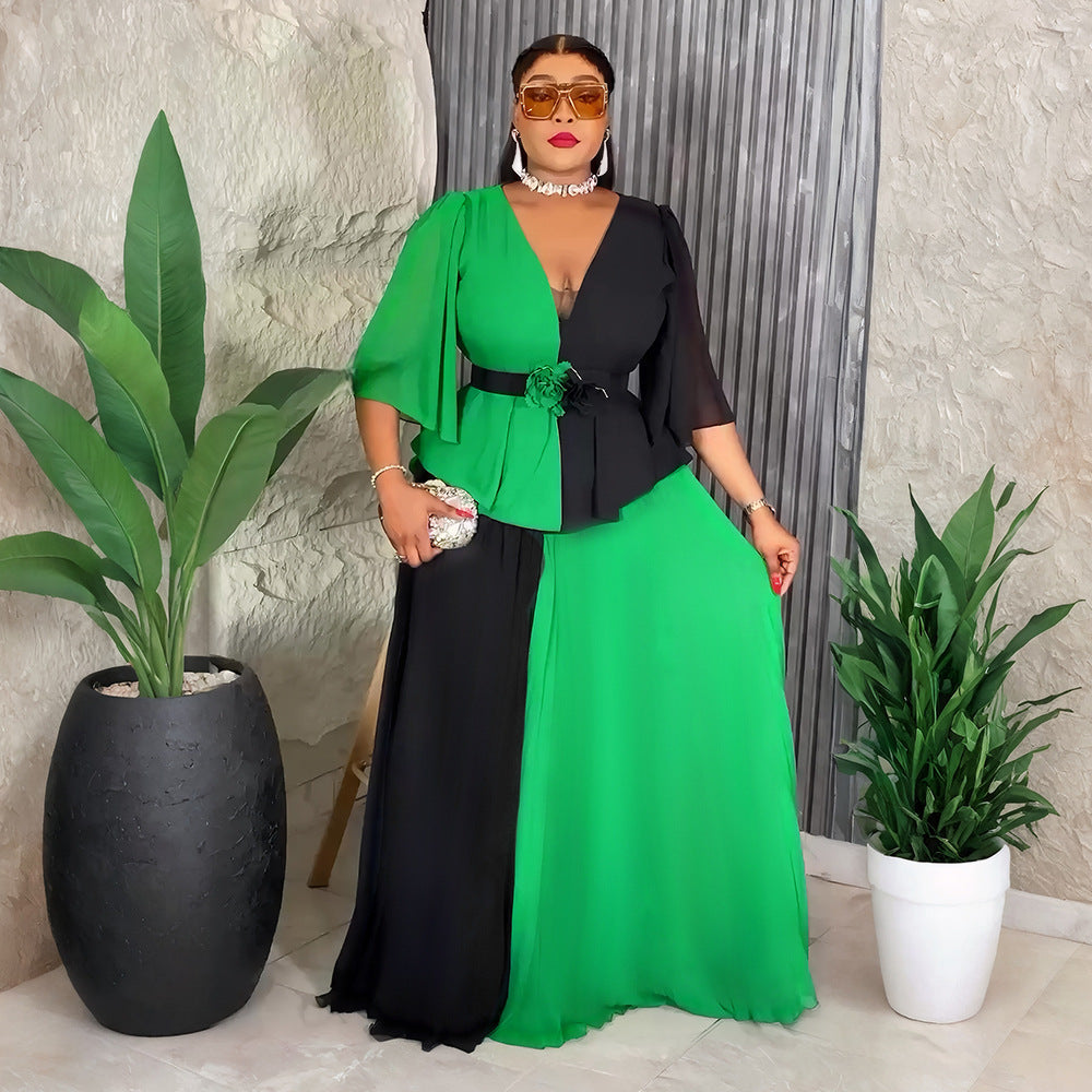 African Women's Elegant Plus Size Chiffon Patchwork Contrast Long Dress