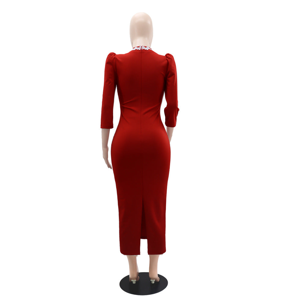 Solid Color V-Neck Women's High Waist Bodycon Pencil Dress 9