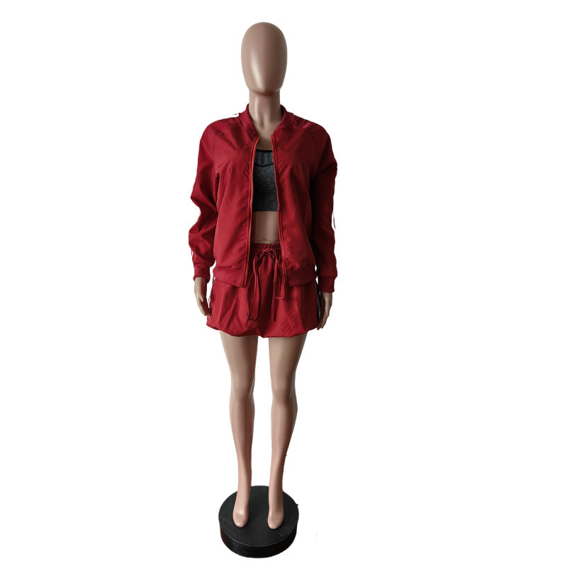 Casual Women's Skirt Ribbon Jacket Skirt Solid Color Two Piece Set 9