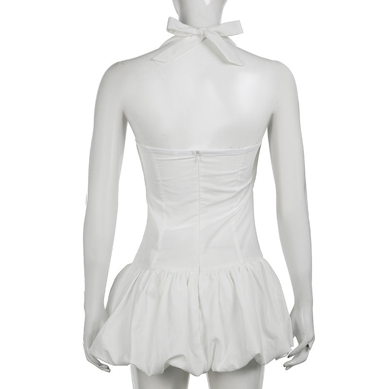 Women's Chic Solid Color Halter Neck Slim Waist Low Back Slim Waist A-Line Dress 8