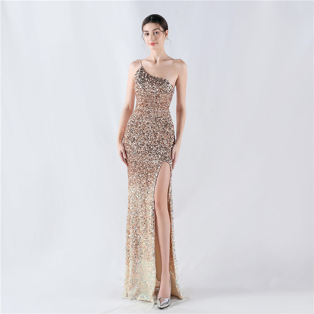Gradient Sequins High Slit Slash Shoulder Sexy Evening Dress 17